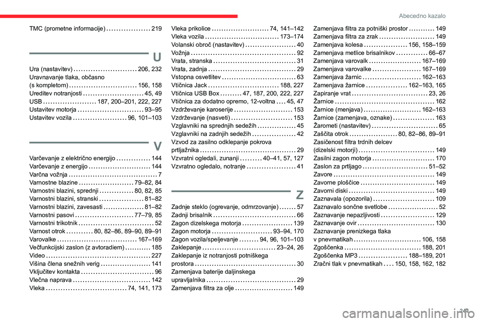 CITROEN BERLINGO VAN 2021  Navodila Za Uporabo (in Slovenian) 241
Abecedno kazalo
TMC (prometne informacije)     219
U
Ura (nastavitev)    206, 232
Uravnavanje tlaka, občasno   
(s kompletom)
    
156, 158
Ureditev notranjosti
    
45, 49
USB
    
187, 200–20