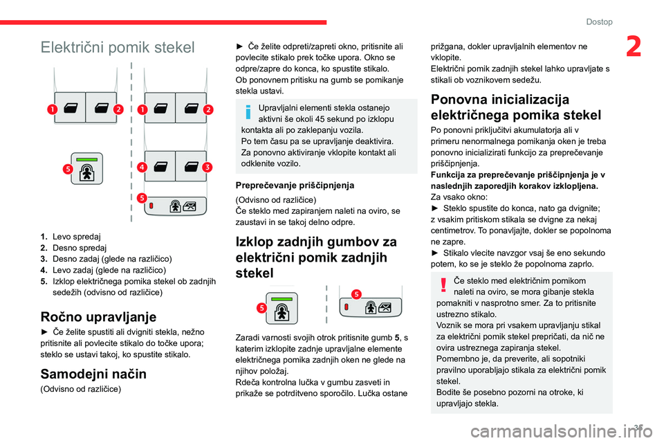CITROEN BERLINGO VAN 2021 Navodila Za Uporabo (in Slovenian) 35
Dostop
2Električni pomik stekel
1.Levo spredaj
2. Desno spredaj
3. Desno zadaj (glede na različico)
4. Levo zadaj (glede na različico)
5. Izklop električnega pomika stekel ob zadnjih
sedežih CITROEN BERLINGO VAN 2021 Navodila Za Uporabo (in Slovenian) 35
Dostop
2Električni pomik stekel
1.Levo spredaj
2. Desno spredaj
3. Desno zadaj (glede na različico)
4. Levo zadaj (glede na različico)
5. Izklop električnega pomika stekel ob zadnjih
sedežih