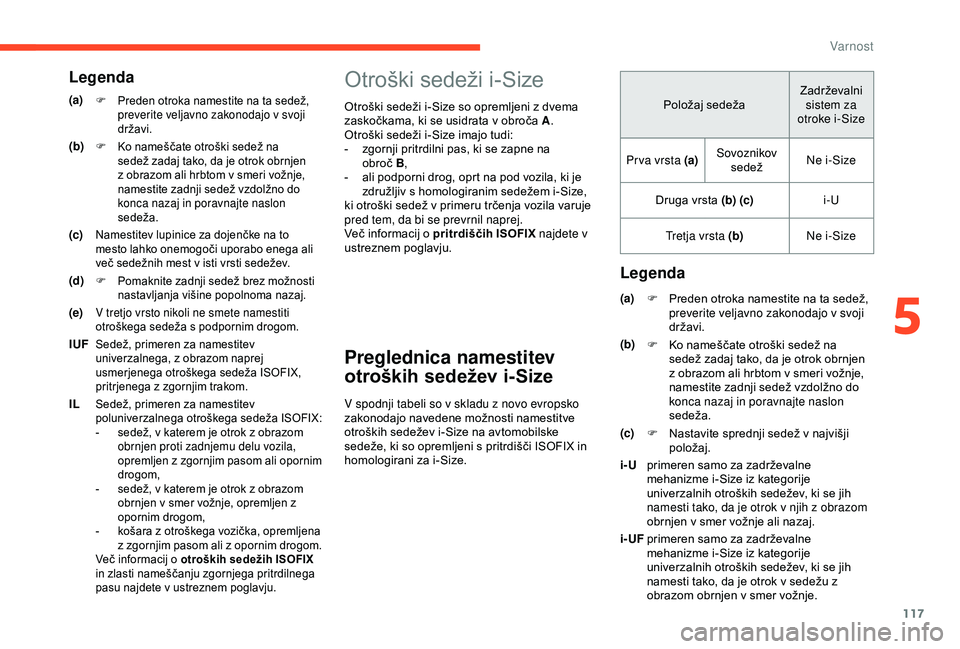 CITROEN BERLINGO VAN 2019  Navodila Za Uporabo (in Slovenian) 117
Otroški	sedeži	i-Size
Otroški	sedeži	i-Size	so	opremljeni	z	dvema	zaskočkama, 	 ki 	 se 	 usidrata 	 v 	 obroča 	 A.
Otroški
	 sedeži 	 i-Size 	 imajo 	 tudi:
-	 zgornji
	 pritrdilni 	 pas