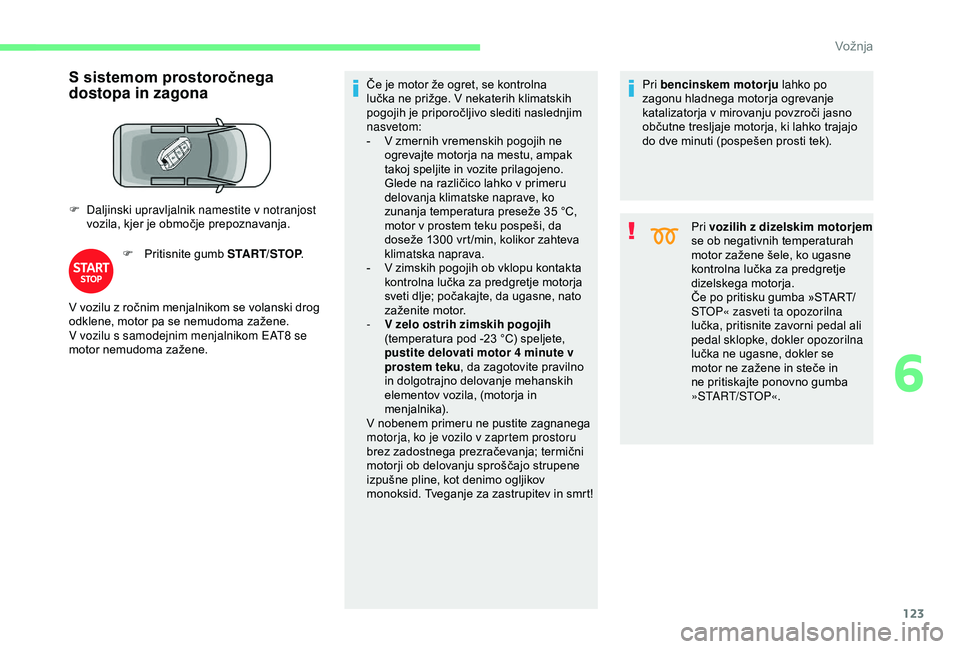 CITROEN BERLINGO VAN 2019 Navodila Za Uporabo (in Slovenian) 123
S sistemom prostoročnega
dostopa in zagona
F Daljinski upravljalnik namestite v notranjost vozila, kjer je območje prepoznavanja.
F Pritisnite
gumb START/STOP.Če
je motor ž CITROEN BERLINGO VAN 2019 Navodila Za Uporabo (in Slovenian) 123
S sistemom prostoročnega
dostopa in zagona
F Daljinski upravljalnik namestite v notranjost vozila, kjer je območje prepoznavanja.
F Pritisnite
gumb START/STOP.Če
je motor ž