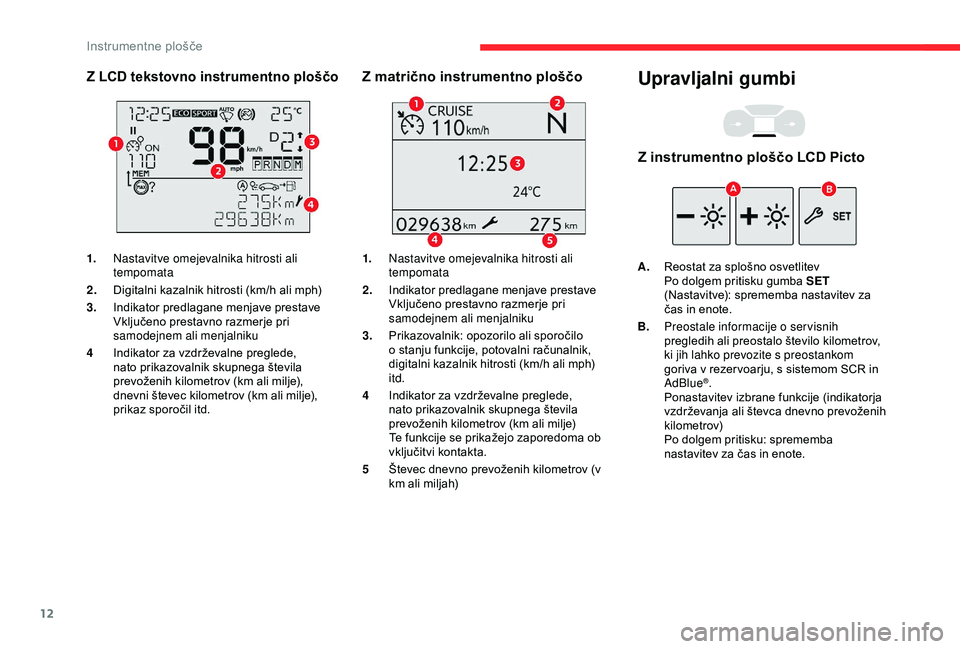 CITROEN BERLINGO VAN 2019  Navodila Za Uporabo (in Slovenian) 12
Z LCD tekstovno instrumentno ploščo
1.Nastavitve omejevalnika hitrosti ali 
tempomata
2. Digitalni
	 kazalnik 	 hitrosti 	 (km/h 	 ali 	 mph)
3. Indikator
	 predlagane 	 menjave 	 prestave
Vklju