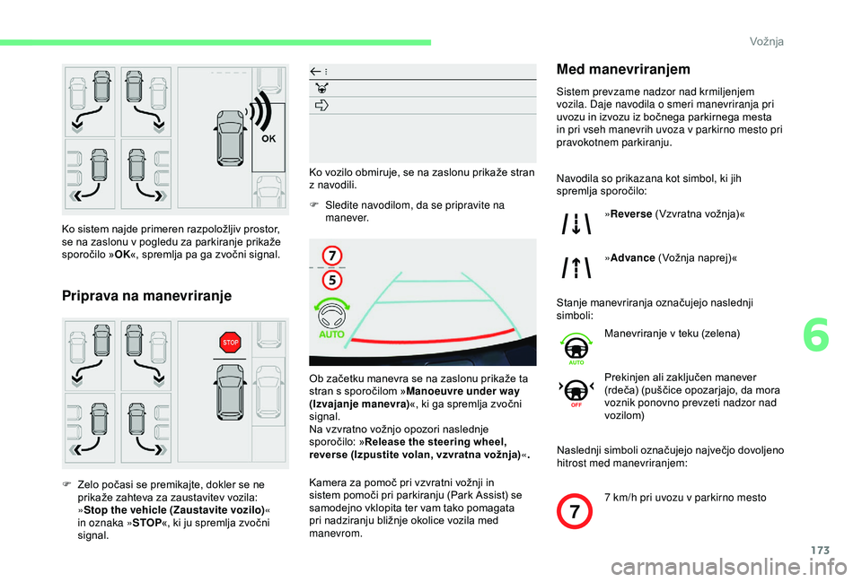 CITROEN BERLINGO VAN 2019 Navodila Za Uporabo (in Slovenian) 173
7
Ko sistem najde primeren razpoložljiv prostor, se na zaslonu v pogledu za parkiranje prikaže
s
poročilo »OK «,
spremlja pa ga zvočni signal.
Priprava na manevr CITROEN BERLINGO VAN 2019 Navodila Za Uporabo (in Slovenian) 173
7
Ko sistem najde primeren razpoložljiv prostor, se na zaslonu v pogledu za parkiranje prikaže
s
poročilo »OK «,
spremlja pa ga zvočni signal.
Priprava na manevr