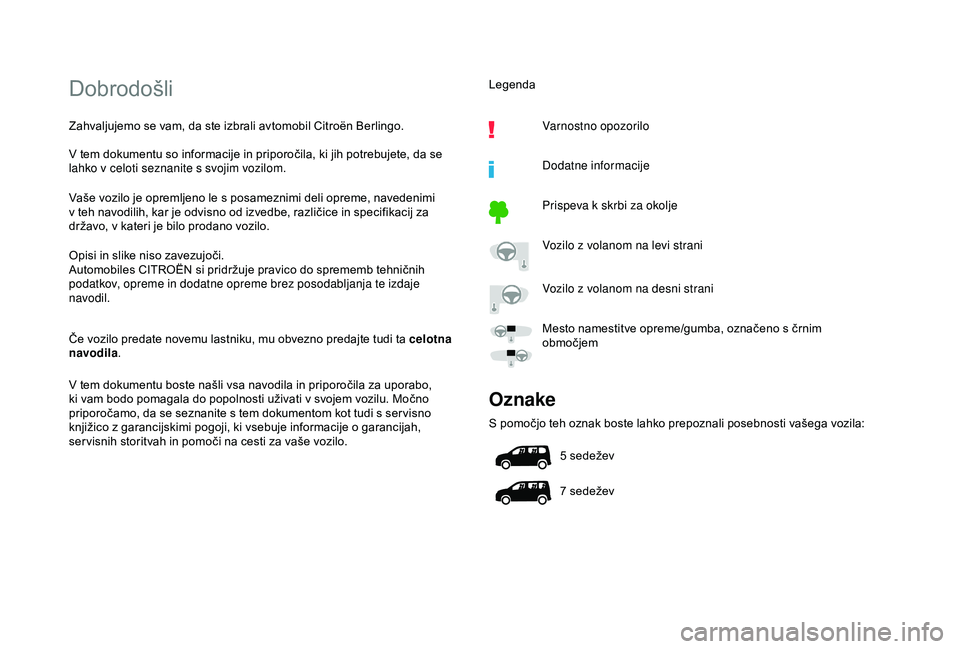 CITROEN BERLINGO VAN 2019 Navodila Za Uporabo (in Slovenian) Dobrodošli
Zahvaljujemo se vam, da ste izbrali avtomobil Citroën Berlingo.
V tem dokumentu so informacije in priporočila, ki jih potrebujete, da se
l
ahko v celoti seznanit CITROEN BERLINGO VAN 2019 Navodila Za Uporabo (in Slovenian) Dobrodošli
Zahvaljujemo se vam, da ste izbrali avtomobil Citroën Berlingo.
V tem dokumentu so informacije in priporočila, ki jih potrebujete, da se
l
ahko v celoti seznanit