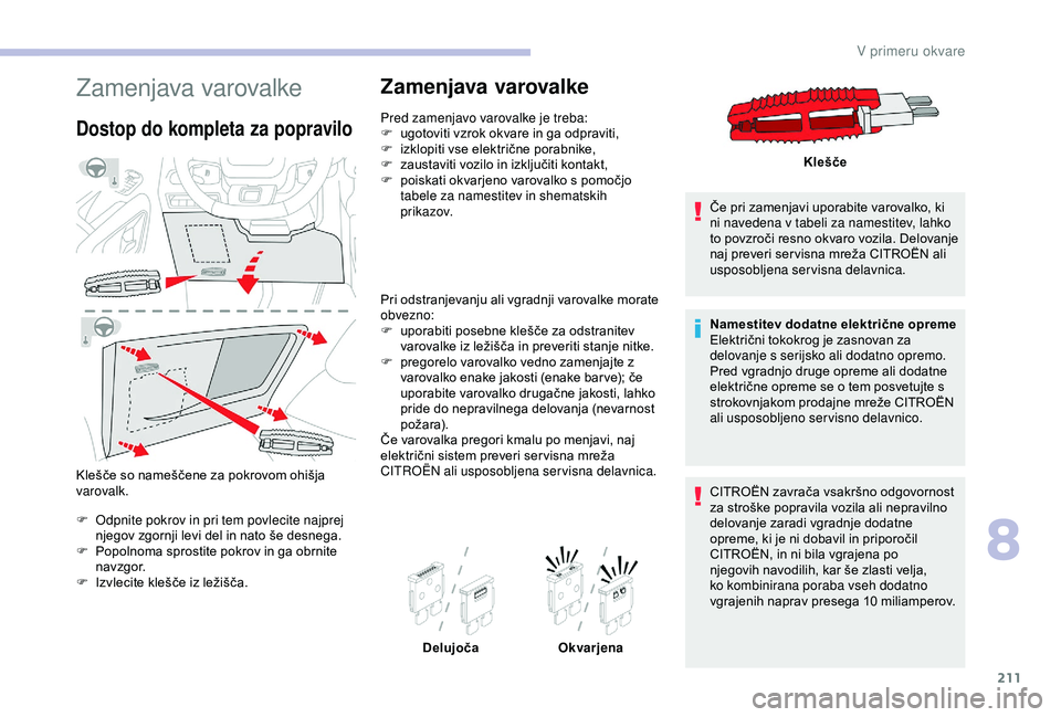 CITROEN BERLINGO VAN 2019 Navodila Za Uporabo (in Slovenian) 211
Zamenjava varovalke
Dostop do kompleta za popravilo
Klešče so nameščene za pokrovom ohišja varovalk.
F
O
dpnite pokrov in pri tem povlecite najprej
njegov
zgornji levi del in na CITROEN BERLINGO VAN 2019 Navodila Za Uporabo (in Slovenian) 211
Zamenjava varovalke
Dostop do kompleta za popravilo
Klešče so nameščene za pokrovom ohišja varovalk.
F
O
dpnite pokrov in pri tem povlecite najprej
njegov
zgornji levi del in na