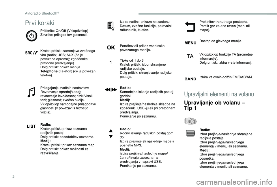 CITROEN BERLINGO VAN 2019  Navodila Za Uporabo (in Slovenian) 2
Pr vi koraki
Pritisnite:	On/Off	(Vklop/izklop)
Z avrtite:	p rilagoditev	g lasnosti.
Kratek
	 pritisk: 	 zamenjava 	 zvočnega 	
v

ira 	 (radio; 	 USB; 	 AUX 	 (če 	 je 	
p

ovezana 	 oprema); 	 zg