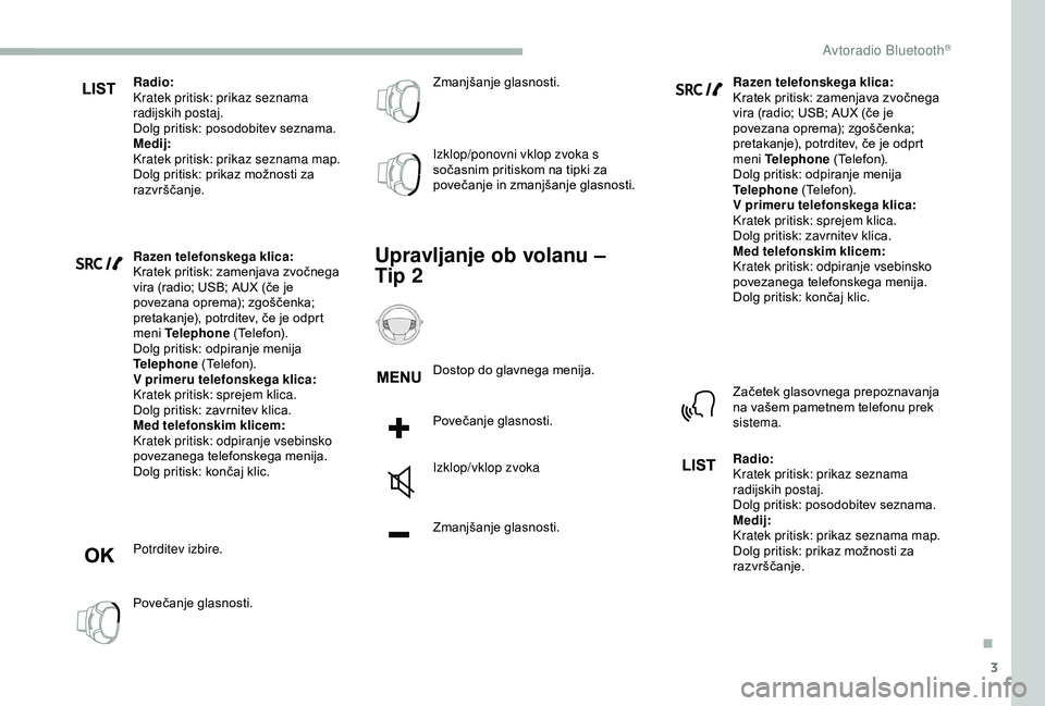 CITROEN BERLINGO VAN 2019  Navodila Za Uporabo (in Slovenian) 3
Radio:
Kratek pritisk: prikaz seznama 
radijskih postaj.
Dolg	 pritisk: 	 posodobitev 	 seznama.
Medij:
Kratek pritisk: prikaz seznama map.
Dolg
	 pritisk: 	 prikaz 	 možnosti 	 za 	
ra

zvrščanj