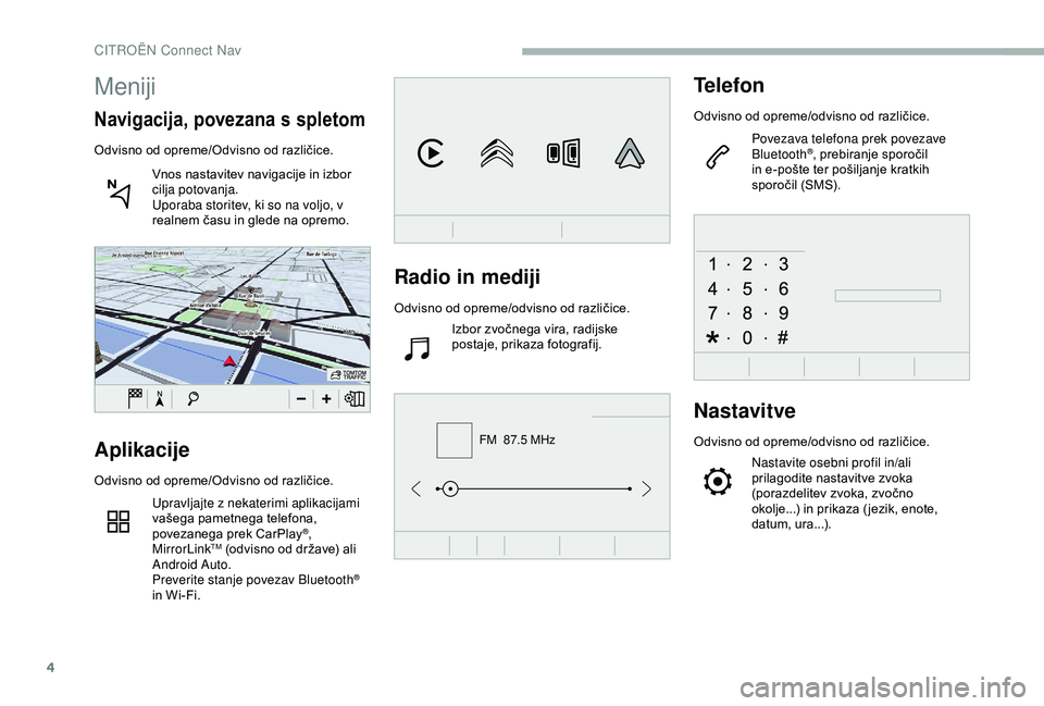 CITROEN BERLINGO VAN 2019 Navodila Za Uporabo (in Slovenian) 4
FM 87.5 MHz
Radio in mediji
Odvisno od opreme/odvisno o d r azličice.
Izbor zvočnega vira, radijske
p
ostaje, prikaza fotografij.
Telefon
Odvisno od opreme/odvisno o d r azličice.
P CITROEN BERLINGO VAN 2019 Navodila Za Uporabo (in Slovenian) 4
FM 87.5 MHz
Radio in mediji
Odvisno od opreme/odvisno o d r azličice.
Izbor zvočnega vira, radijske
p
ostaje, prikaza fotografij.
Telefon
Odvisno od opreme/odvisno o d r azličice.
P