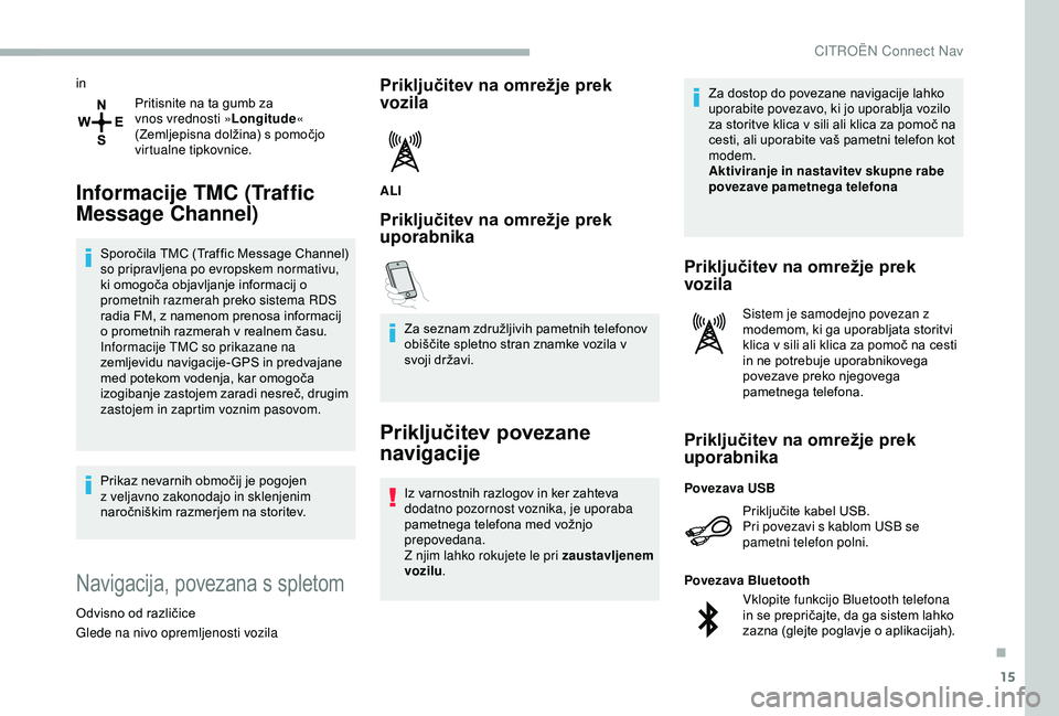 CITROEN BERLINGO VAN 2019 Navodila Za Uporabo (in Slovenian) 15
inPritisnite na ta gumb za
vn
os vrednosti » Longitude«
(Zemljepisna
dolžina) s pomočjo
v
irtualne tipkovnice.
Informacije TMC (Traffic
Message Channel)
Sporočila TMC (Tr CITROEN BERLINGO VAN 2019 Navodila Za Uporabo (in Slovenian) 15
inPritisnite na ta gumb za
vn
os vrednosti » Longitude«
(Zemljepisna
dolžina) s pomočjo
v
irtualne tipkovnice.
Informacije TMC (Traffic
Message Channel)
Sporočila TMC (Tr