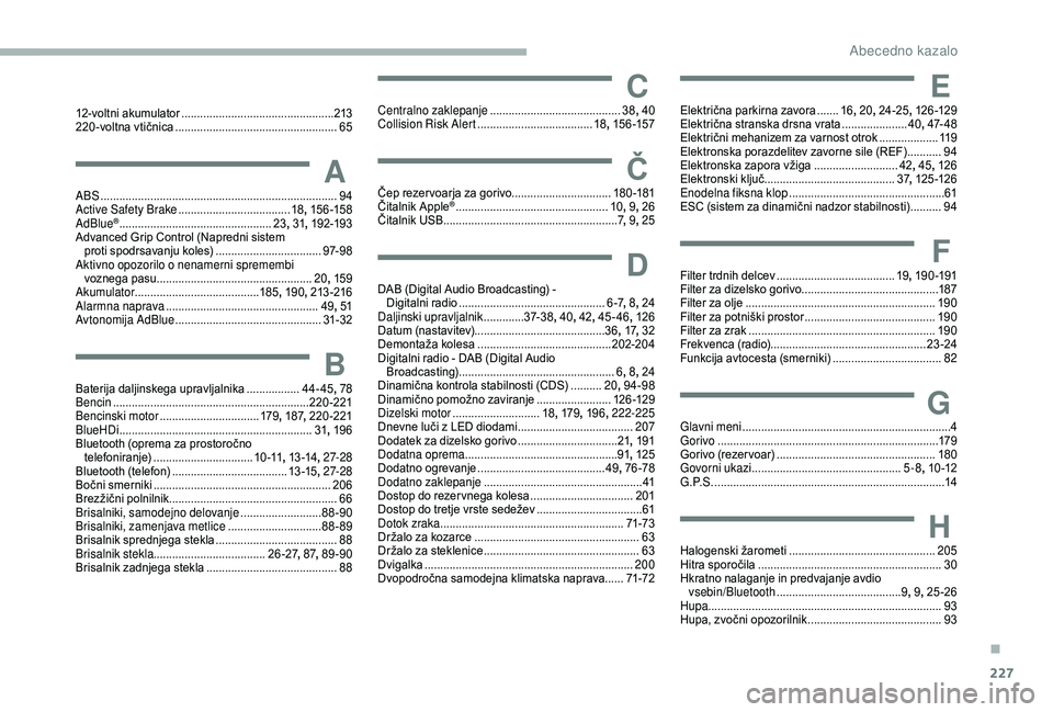 CITROEN BERLINGO VAN 2019  Navodila Za Uporabo (in Slovenian) 227
12-voltni	akumulator  ................................................. 213
220 -voltna 	 vtičnica   .................................................... 65
AABS .................................