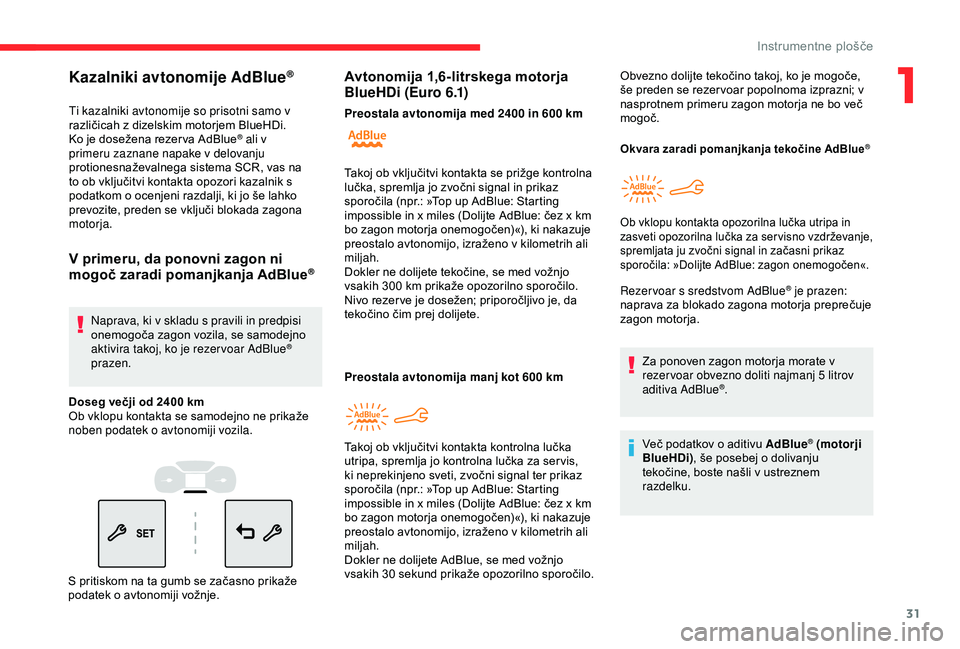 CITROEN BERLINGO VAN 2019  Navodila Za Uporabo (in Slovenian) 31
Kazalniki avtonomije AdBlue®
Ti kazalniki avtonomije so prisotni samo v 
različicah	 z 	 dizelskim 	 motorjem 	 BlueHDi.
Ko
	 je 	 dosežena 	 rezer va 	 AdBlue
® ali v 
primeru zaznane napake v