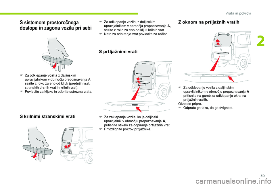 CITROEN BERLINGO VAN 2019  Navodila Za Uporabo (in Slovenian) 39
S sistemom prostoročnega 
dostopa in zagona vozila pri sebi
S krilnimi stranskimi vrati
F Za odklepanje vozila z daljinskim 
upravljalnikom 	 v 	 območju 	 prepoznavanja 	 A 	
s

ezite 	 z 	 roko