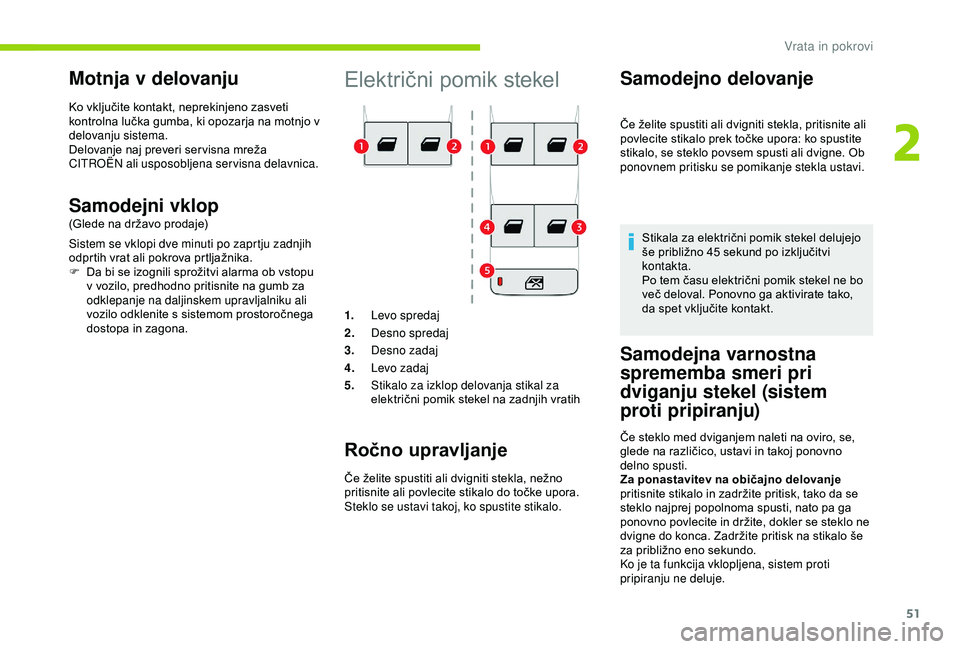 CITROEN BERLINGO VAN 2019  Navodila Za Uporabo (in Slovenian) 51
Električni	pomik	stekel
1.Levo spredaj
2. Desno spredaj
3. Desno zadaj
4. Levo zadaj
5. Stikalo za izklop delovanja stikal za 
električni
	 pomik 	 stekel 	 na 	 zadnjih 	 vratih
Ročno upravljan