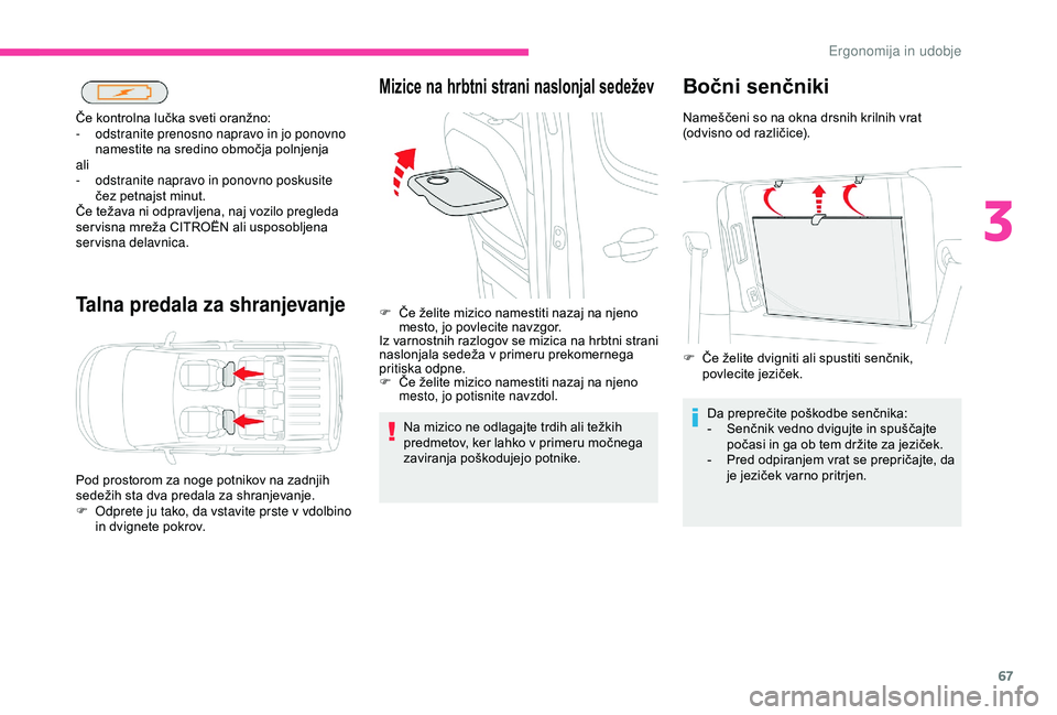 CITROEN BERLINGO VAN 2019  Navodila Za Uporabo (in Slovenian) 67
Talna predala za shranjevanje
Če	kontrolna	lučka	sveti	oranžno:
-  o dstranite prenosno napravo in jo ponovno 
namestite
	 na 	 sredino 	 območja 	 polnjenja
ali
-
 o

dstranite napravo in pono