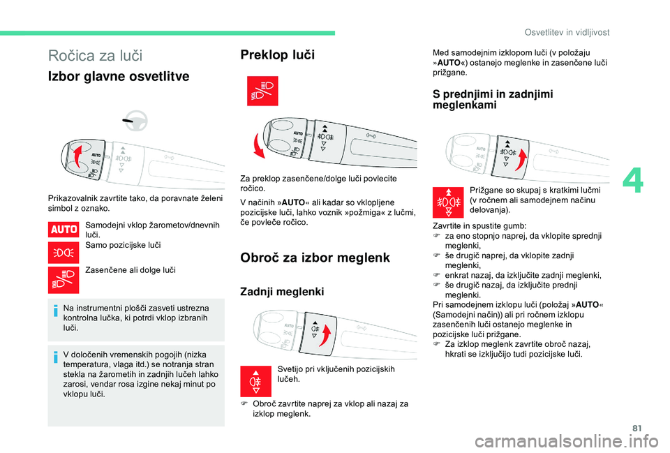 CITROEN BERLINGO VAN 2019  Navodila Za Uporabo (in Slovenian) 81
Ročica	za	luči
Izbor glavne osvetlitve
Prikazovalnik	zavrtite	tako,	da	poravnate	želeni	simbol z oznako.
Samodejni
	 vklop 	 žarometov/dnevnih 	
l

uči.
Samo
	 pozicijske 	 luči
Zasenčene
	 
