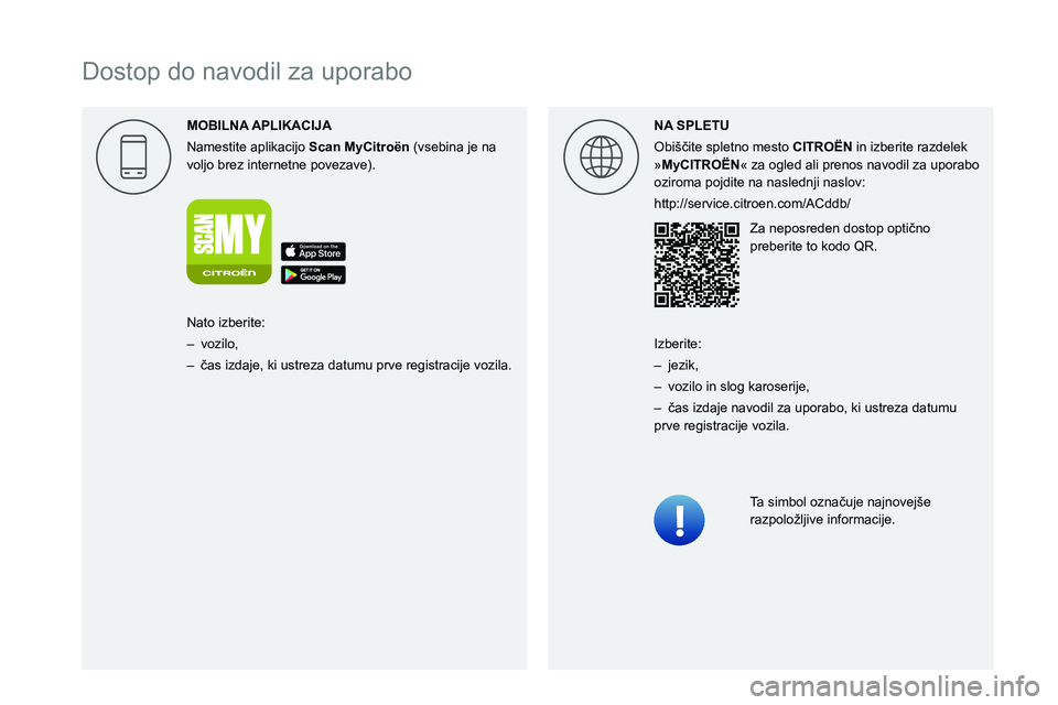 CITROEN C3 AIRCROSS 2021 Navodila Za Uporabo (in Slovenian)
Dostop do navodil za uporabo
MOBILNA
Namestite aplikacijo Scan MyCitro\353n
(vsebina je na voljo brez internetne povezave). NA
00320045004C00E300FE004C00570048000300560053004F00 CITROEN C3 AIRCROSS 2021 Navodila Za Uporabo (in Slovenian)
Dostop do navodil za uporabo
MOBILNA
Namestite aplikacijo Scan MyCitro\353n
(vsebina je na voljo brez internetne povezave). NA
00320045004C00E300FE004C00570048000300560053004F00