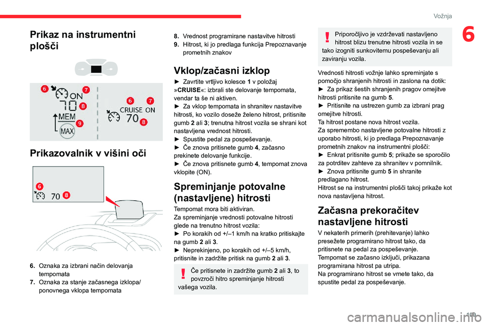 CITROEN C3 AIRCROSS 2021  Navodila Za Uporabo (in Slovenian) 109
Vožnja
6Prikaz na instrumentni 
plošči
 
  
 
Prikazovalnik v višini oči 
 
6.Oznaka za izbrani način delovanja 
tempomata
7. Oznaka za stanje začasnega izklopa/
ponovnega vklopa tempomata
