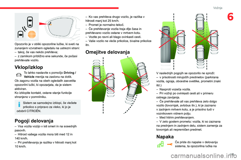 CITROEN C3 AIRCROSS 2021  Navodila Za Uporabo (in Slovenian) 11 5
Vožnja
6
 
Opozorilo je v obliki opozorilne lučke, ki sveti na 
zunanjem vzvratnem ogledalu na ustrezni strani:
– takoj, če vas nekdo prehiteva;
– z zamikom približno ene sekunde, če po