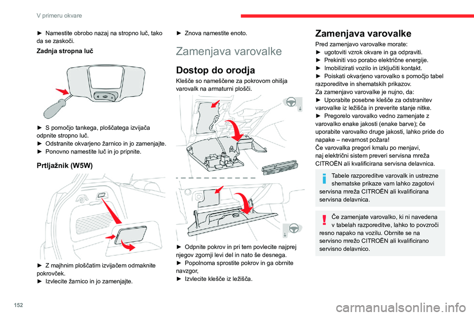 CITROEN C3 AIRCROSS 2021  Navodila Za Uporabo (in Slovenian) 152
V primeru okvare
 
   
Dobra
Okvarjena 
 
Klešče
Namestitev dodatne električne opreme
Električni tokokrog je zasnovan za 
delovanje s serijsko ali dodatno opremo.
Pred vgradnjo druge opreme al