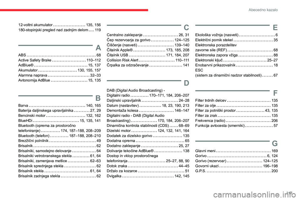 CITROEN C3 AIRCROSS 2021  Navodila Za Uporabo (in Slovenian) 217
Abecedno kazalo
12-voltni akumulator   135, 156180-stopinjski pregled nad zadnjim delom   11 9
A
ABS   68Active Safety Brake   110–112AdBlue®   15, 137
Akumulator   130, 155, 157Alarmna naprava