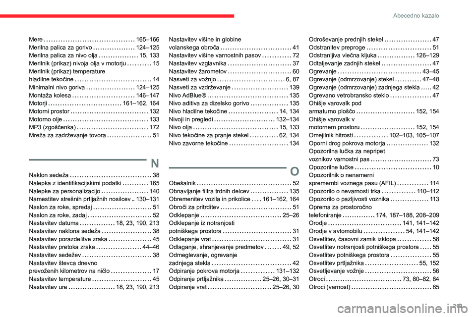 CITROEN C3 AIRCROSS 2021  Navodila Za Uporabo (in Slovenian) 219
Abecedno kazalo
Mere   165–166Merilna palica za gorivo   124–125Merilna palica za nivo olja   15, 133Merilnik (prikaz) nivoja olja v motorju   15Merilnik (prikaz) temperature  hladilne tekoči