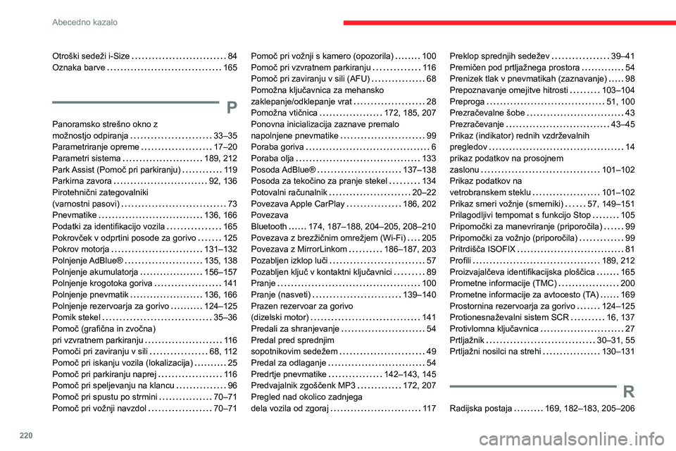 CITROEN C3 AIRCROSS 2021  Navodila Za Uporabo (in Slovenian) 220
Abecedno kazalo
Otroški sedeži i-Size   84Oznaka barve   165
P
Panoramsko strešno okno z  možnostjo odpiranja   33–35Parametriranje opreme   17–20
Parametri sistema   189, 212Park Assist (