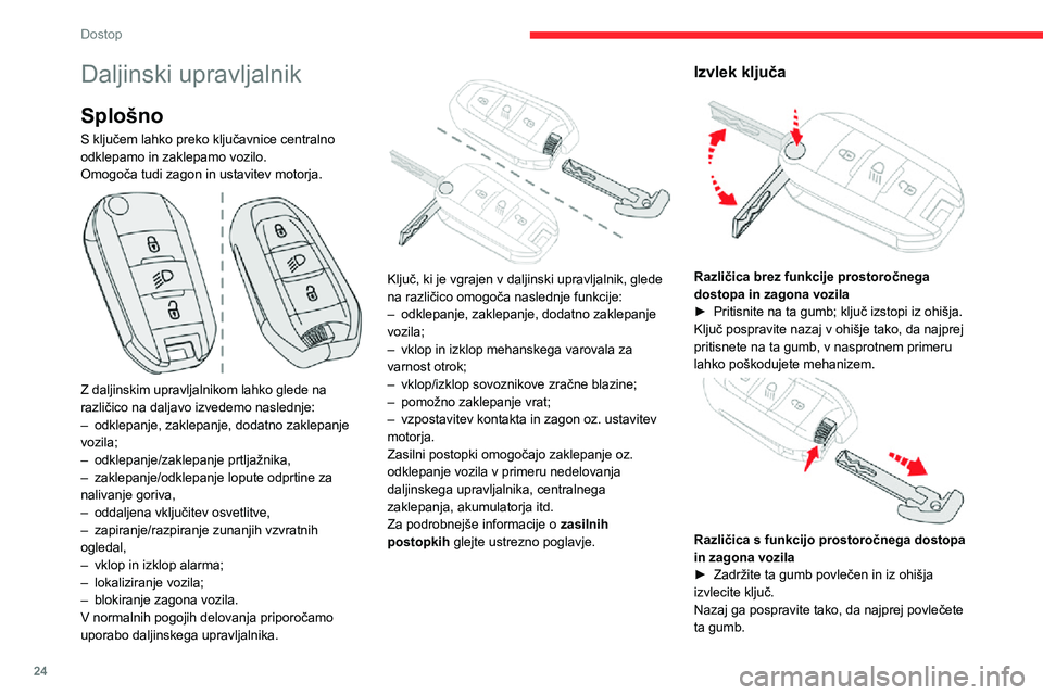 CITROEN C3 AIRCROSS 2021  Navodila Za Uporabo (in Slovenian) 24
Dostop
Daljinski upravljalnik
Splošno
S ključem lahko preko ključavnice centralno 
odklepamo in zaklepamo vozilo.
Omogoča tudi zagon in ustavitev motorja.
 
 
Z daljinskim upravljalnikom lahko 