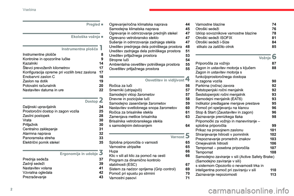 CITROEN C3 AIRCROSS 2021  Navodila Za Uporabo (in Slovenian) 2
Vsebina
 
 
 
 
 
   ■
Pregled
  ■
Ekološka vožnja
 1Instrumentna plošča
Instrumentne plošče  8
Kontrolne in opozorilne lučke  9
Kazalniki  14
Števci prevoženih kilometrov  17
Konfi