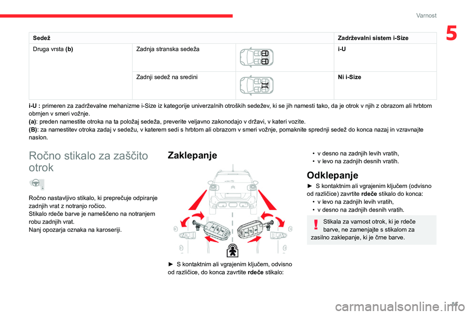 CITROEN C3 AIRCROSS 2021  Navodila Za Uporabo (in Slovenian) 85
Varnost
5SedežZadrževalni sistem i-Size
Druga vrsta (b) Zadnja stranska sedeža 
 
i-U
Zadnji sedež na sredini
 
 
Ni i-Size
i-U : primeren za zadrževalne mehanizme i-Size iz kategorije univerz