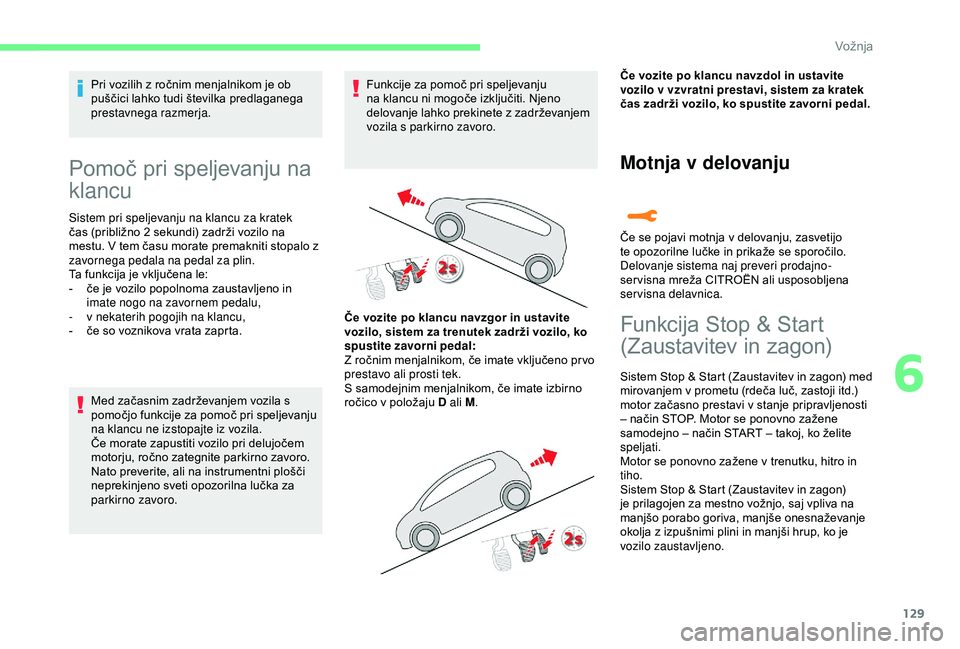 CITROEN C3 AIRCROSS 2019 Navodila Za Uporabo (in Slovenian) 129
Pri vozilih z ročnim menjalnikom je ob
puščici lahko tudi številka predlaganega
prestavnega razmerja.
Pomoč pri speljevanju na
klancu
Sistem pri speljevanju na klancu za kratek
čas (prib CITROEN C3 AIRCROSS 2019 Navodila Za Uporabo (in Slovenian) 129
Pri vozilih z ročnim menjalnikom je ob
puščici lahko tudi številka predlaganega
prestavnega razmerja.
Pomoč pri speljevanju na
klancu
Sistem pri speljevanju na klancu za kratek
čas (prib