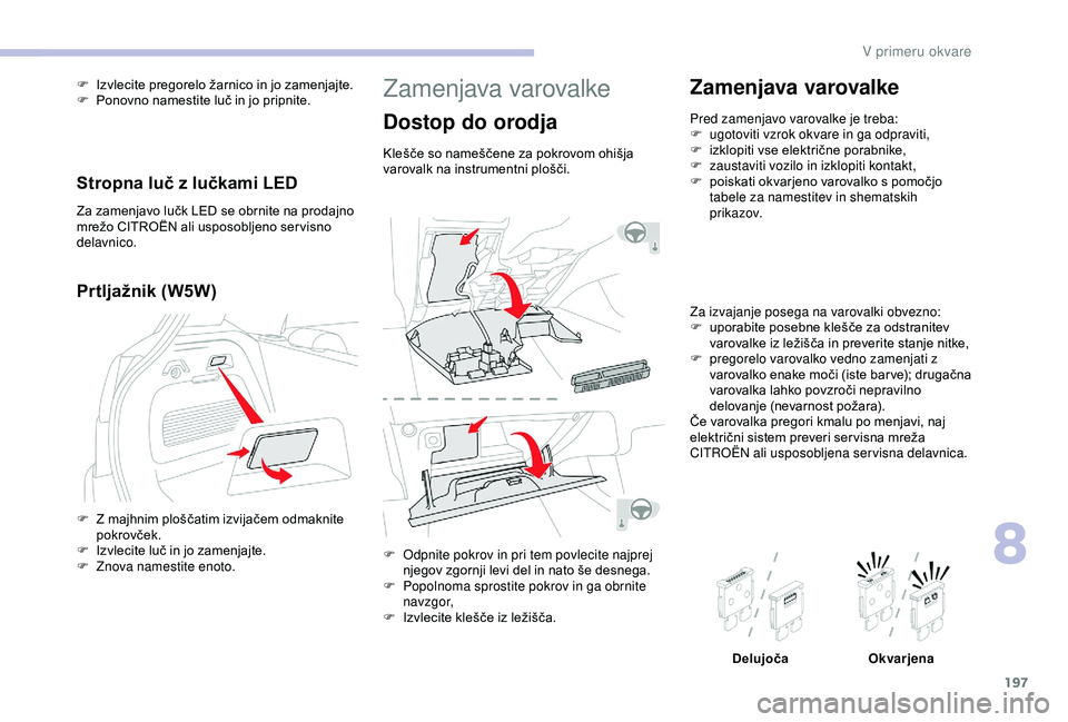 CITROEN C3 AIRCROSS 2019 Navodila Za Uporabo (in Slovenian) 197
Zamenjava varovalke
Dostop do orodja
Klešče so nameščene za pokrovom ohišja
varovalk na instrumentni plošči.
F
O
dpnite pokrov in pri tem povlecite najprej
njegov zgornji levi del in na CITROEN C3 AIRCROSS 2019 Navodila Za Uporabo (in Slovenian) 197
Zamenjava varovalke
Dostop do orodja
Klešče so nameščene za pokrovom ohišja
varovalk na instrumentni plošči.
F
O
dpnite pokrov in pri tem povlecite najprej
njegov zgornji levi del in na