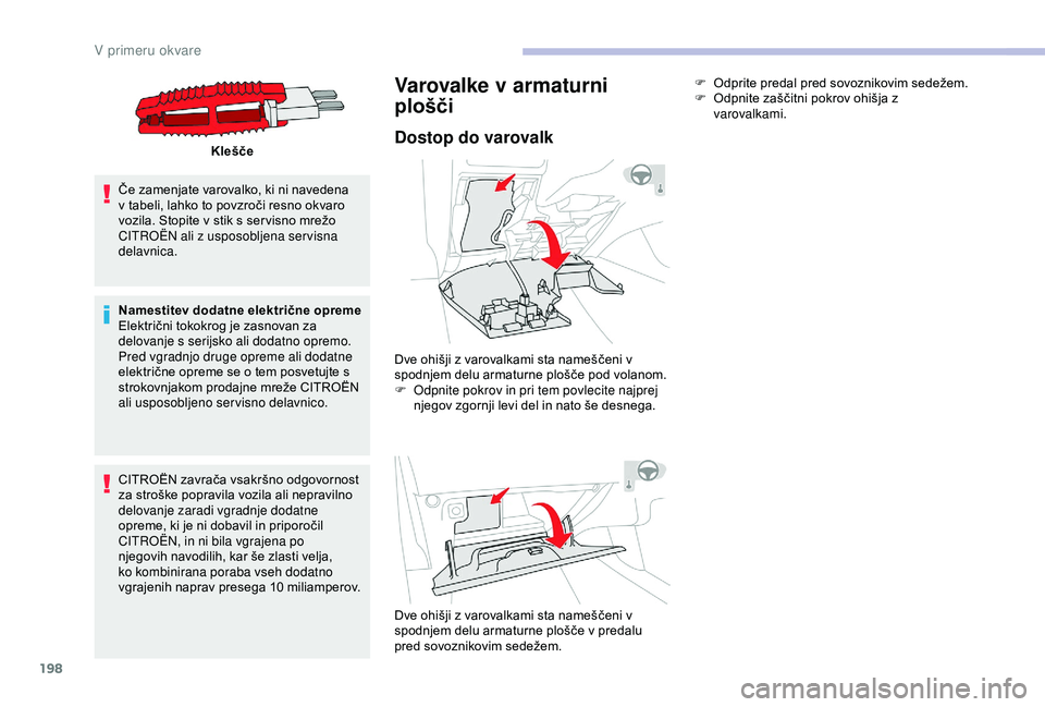 CITROEN C3 AIRCROSS 2019 Navodila Za Uporabo (in Slovenian) 198
Klešče
Če zamenjate varovalko, ki ni navedena
v tabeli, lahko to povzroči resno okvaro
vozila. Stopite v stik s ser visno mrežo
CITROËN ali z usposobljena servisna
delavnica.
Namestitev CITROEN C3 AIRCROSS 2019 Navodila Za Uporabo (in Slovenian) 198
Klešče
Če zamenjate varovalko, ki ni navedena
v tabeli, lahko to povzroči resno okvaro
vozila. Stopite v stik s ser visno mrežo
CITROËN ali z usposobljena servisna
delavnica.
Namestitev