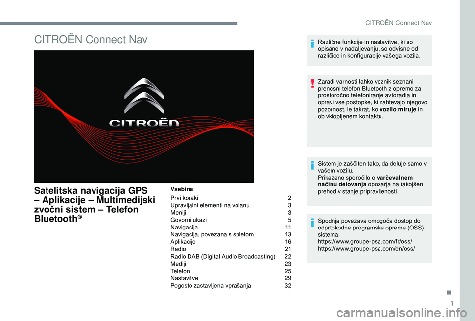 CITROEN C3 AIRCROSS 2019 Navodila Za Uporabo (in Slovenian) 1
CITROËN Connect Nav
Satelitska navigacija GPS
– Aplikacije – Multimedijski
zvočni sistem – Telefon
Bluetooth
®
Vsebina
Pr vi koraki
2
U
pravljalni elementi na volanu
3
M
eniji
3
CITROEN C3 AIRCROSS 2019 Navodila Za Uporabo (in Slovenian) 1
CITROËN Connect Nav
Satelitska navigacija GPS
– Aplikacije – Multimedijski
zvočni sistem – Telefon
Bluetooth
®
Vsebina
Pr vi koraki
2
U
pravljalni elementi na volanu
3
M
eniji
3