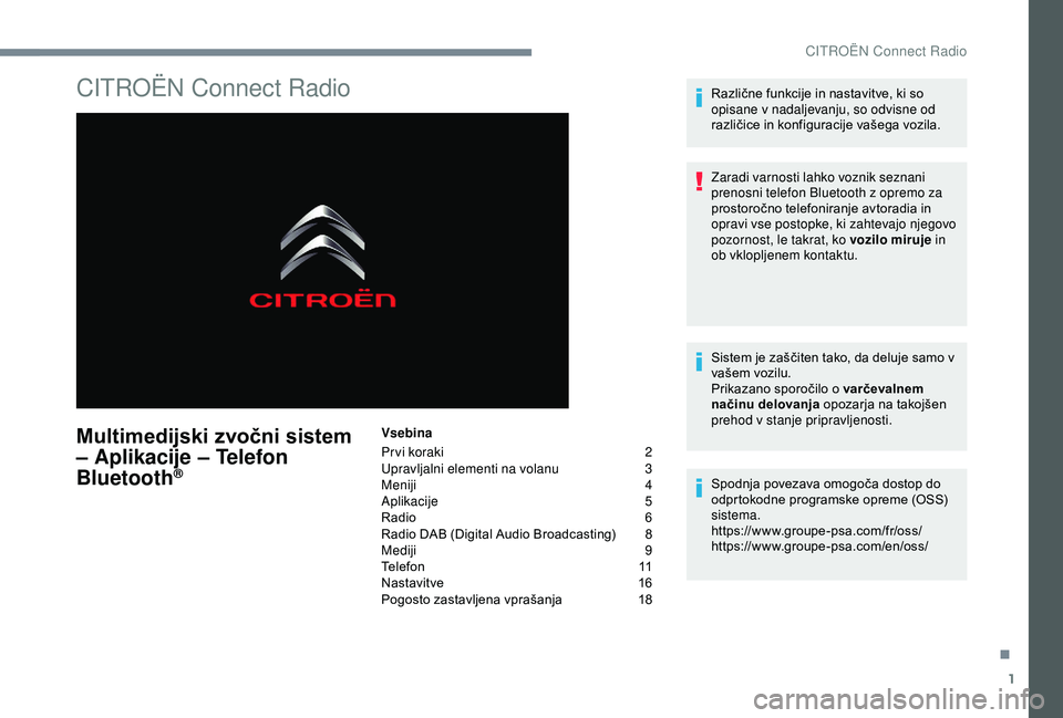 CITROEN C3 AIRCROSS 2019  Navodila Za Uporabo (in Slovenian) 1
CITROËN Connect Radio
Multimedijski zvočni sistem 
– Aplikacije – Telefon 
Bluetooth
®
Vsebina
Pr vi koraki 
2
U

pravljalni elementi na volanu  
3
M

eniji
 
 4
Aplikacije
 

5
Radio
 
6
R

