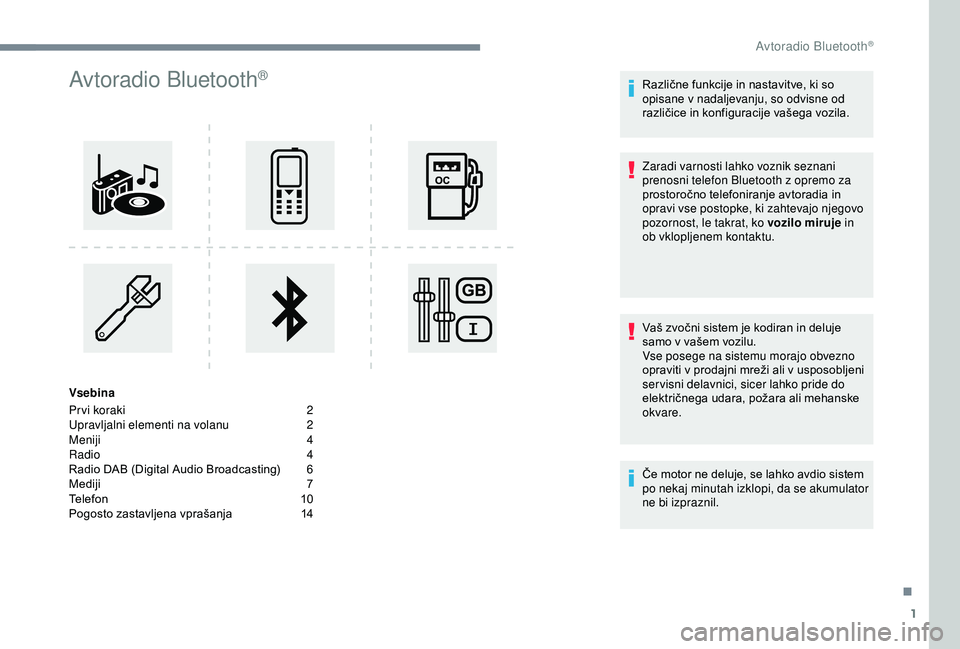 CITROEN C3 AIRCROSS 2019  Navodila Za Uporabo (in Slovenian) 1
Avtoradio Bluetooth®
Vsebina
Pr vi koraki 
2
U

pravljalni elementi na volanu  
2
M

eniji
 
 4
Radio
  4
Radio DAB (Digital Audio Broadcasting)
 
6
M

ediji  
7
T

elefon
 1
 0
Pogosto zastavljena