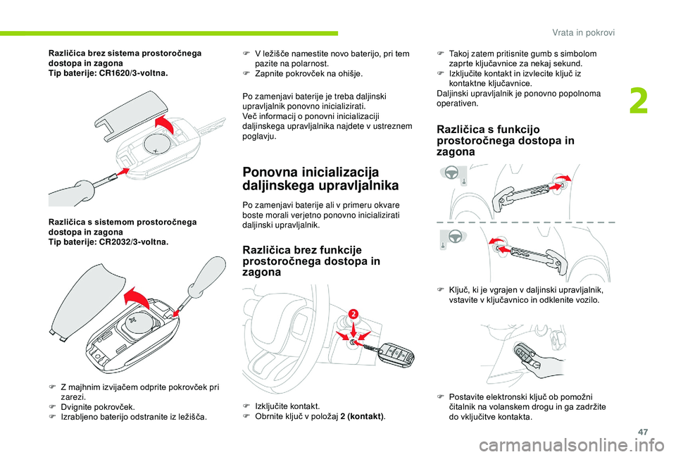 CITROEN C3 AIRCROSS 2019  Navodila Za Uporabo (in Slovenian) 47
Različica s sistemom prostoročnega 
dostopa in zagona
Tip baterije: CR2032/3-voltna.F
 
V l
 ežišče namestite novo baterijo, pri tem 
pazite na polarnost.
F  
Z
 apnite pokrovček na ohišje.
