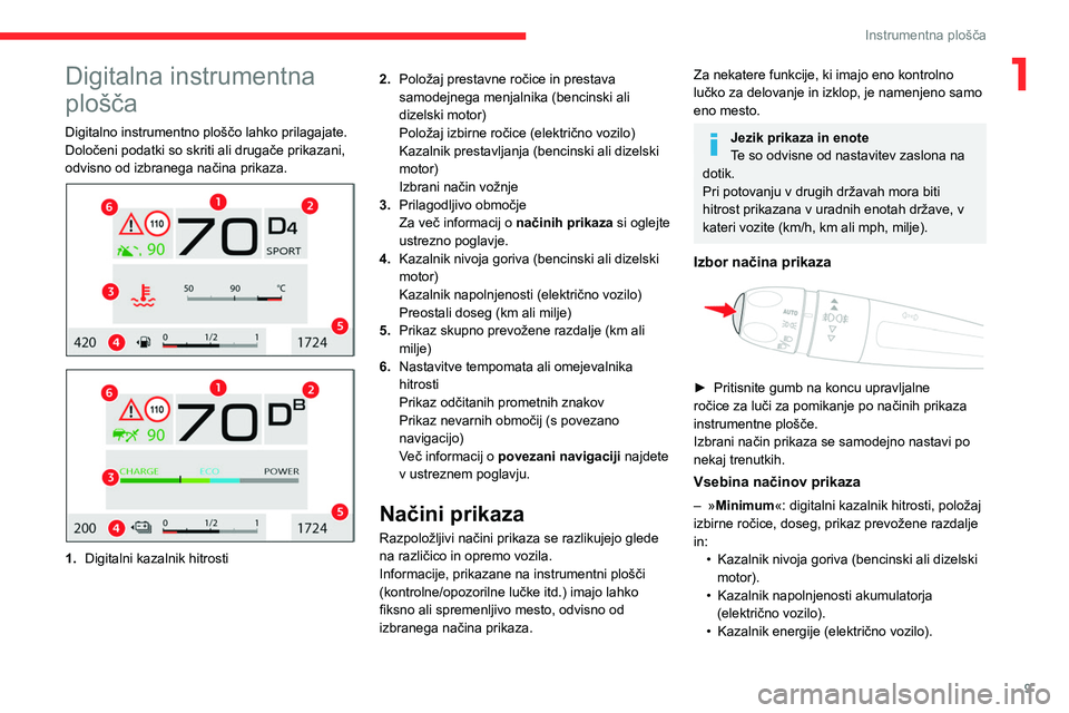 CITROEN C4 2021  Navodila Za Uporabo (in Slovenian) 9
Instrumentna plošča
1Digitalna instrumentna 
plošča
Digitalno instrumentno ploščo lahko prilagajate.
Določeni podatki so skriti ali drugače prikazani, 
odvisno od izbranega načina prikaza.
