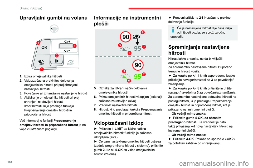 CITROEN C4 2021  Navodila Za Uporabo (in Slovenian) 104
Driving (Vožnja)
Upravljalni gumbi na volanu 
 
 
 
1. Izbira omejevalnika hitrosti
2. Vklop/začasna prekinitev delovanja 
omejevalnika hitrosti pri prej shranjeni 
nastavljeni hitrosti
3. Pove