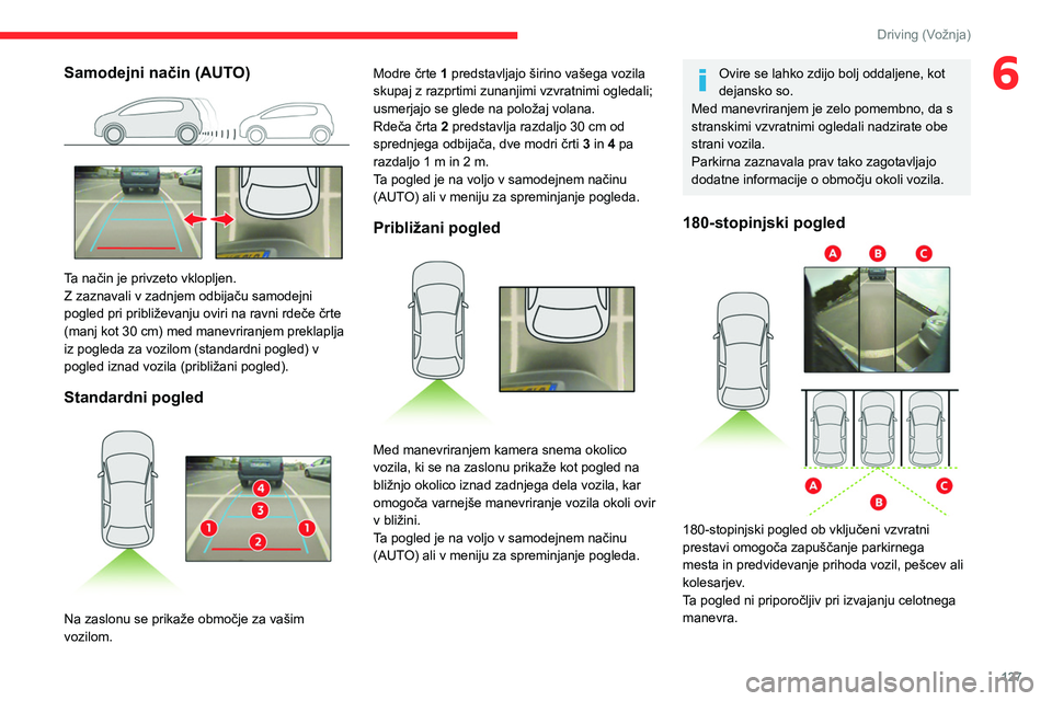 CITROEN C4 2021 Navodila Za Uporabo (in Slovenian) 127
Driving (Vožnja)
6Samodejni način (AUTO)
Ta način je privzeto vklopljen.
Z zaznavali v zadnjem odbijaču samodejni
pogled pri približevanju oviri na ravni rdeče črte
(manj kot 30 cm) m CITROEN C4 2021 Navodila Za Uporabo (in Slovenian) 127
Driving (Vožnja)
6Samodejni način (AUTO)
Ta način je privzeto vklopljen.
Z zaznavali v zadnjem odbijaču samodejni
pogled pri približevanju oviri na ravni rdeče črte
(manj kot 30 cm) m