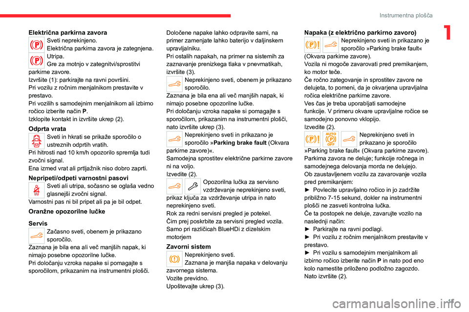 CITROEN C4 2021  Navodila Za Uporabo (in Slovenian) 13
Instrumentna plošča
1Električna parkirna zavoraSveti neprekinjeno.
Električna parkirna zavora je zategnjena.
Utripa.
Gre za motnjo v zategnitvi/sprostitvi 
parkirne zavore.
Izvršite (1): parki