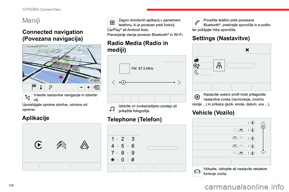 CITROEN C4 2021  Navodila Za Uporabo (in Slovenian) 196
CITROËN Connect Nav
Meniji
Connected navigation 
(Povezana navigacija)
 
 
Vnesite nastavitve navigacije in izberite 
cilj.
Uporabljajte sprotne storitve, odvisno od 
opreme.
Aplikacije 
 
Zagon 