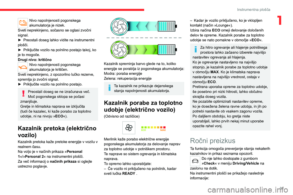 CITROEN C4 2021 Navodila Za Uporabo (in Slovenian) 21
Instrumentna plošča
1Nivo napolnjenosti pogonskega
akumulatorja je nizek.
Sveti neprekinjeno, sočasno se oglasi zvočni
signal.
►
Preostali doseg lahko vidite na instrumentni
plošči.
CITROEN C4 2021 Navodila Za Uporabo (in Slovenian) 21
Instrumentna plošča
1Nivo napolnjenosti pogonskega
akumulatorja je nizek.
Sveti neprekinjeno, sočasno se oglasi zvočni
signal.
►
Preostali doseg lahko vidite na instrumentni
plošči.