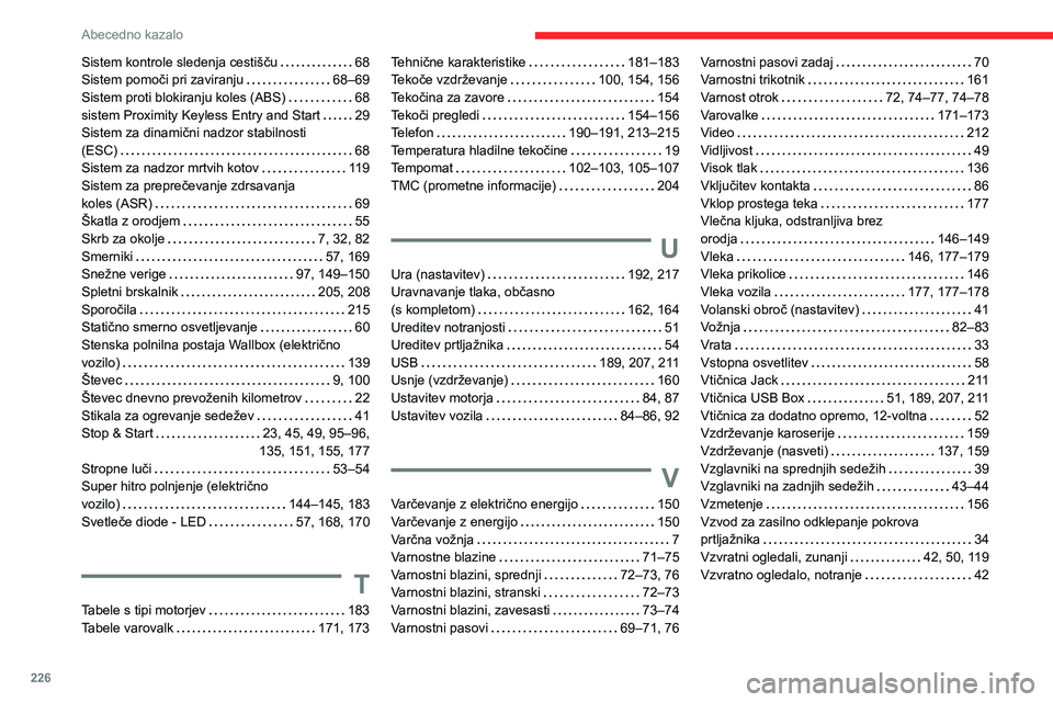 CITROEN C4 2021 Navodila Za Uporabo (in Slovenian) 226
Abecedno kazalo
Sistem kontrole sledenja cestišču 68
Sistem pomoči pri zaviranju
68–69
Sistem proti blokiranju koles (ABS)
68
sistem Proximity Keyless Entry and Start
29
Sis CITROEN C4 2021 Navodila Za Uporabo (in Slovenian) 226
Abecedno kazalo
Sistem kontrole sledenja cestišču 68
Sistem pomoči pri zaviranju
68–69
Sistem proti blokiranju koles (ABS)
68
sistem Proximity Keyless Entry and Start
29
Sis