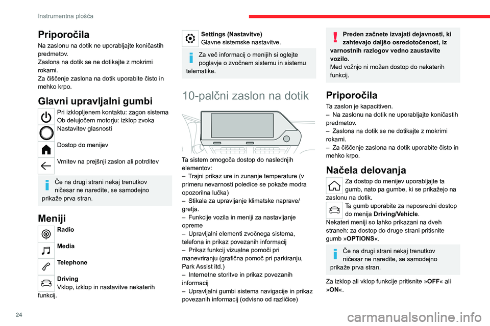 CITROEN C4 2021  Navodila Za Uporabo (in Slovenian) 24
Instrumentna plošča
Nastavljanje funkcije 
Dostop do dodatnih informacij o funkciji 
Potrditev 
Vrnitev na prejšnjo stran ali potrditev 
Vklop/izklop zvočnega sistema
Nastavitev glasnosti/izklo