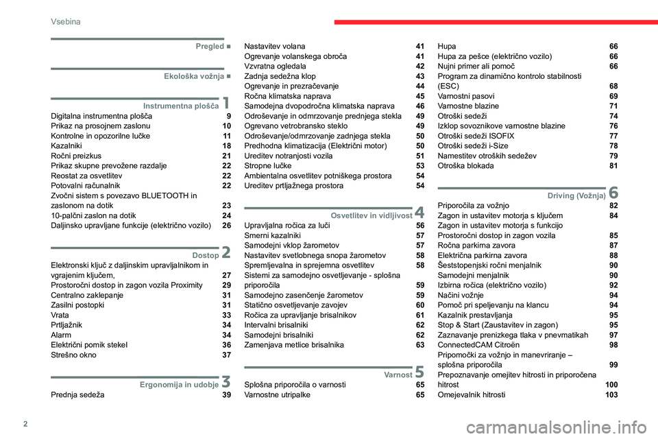 CITROEN C4 2021  Navodila Za Uporabo (in Slovenian) 2
Vsebina
 
 
 
 
 
   ■
Pregled
  ■
Ekološka vožnja
 1Instrumentna ploščaDigitalna instrumentna plošča  9
Prikaz na prosojnem zaslonu  10
Kontrolne in opozorilne lučke  11
Kazalniki  1