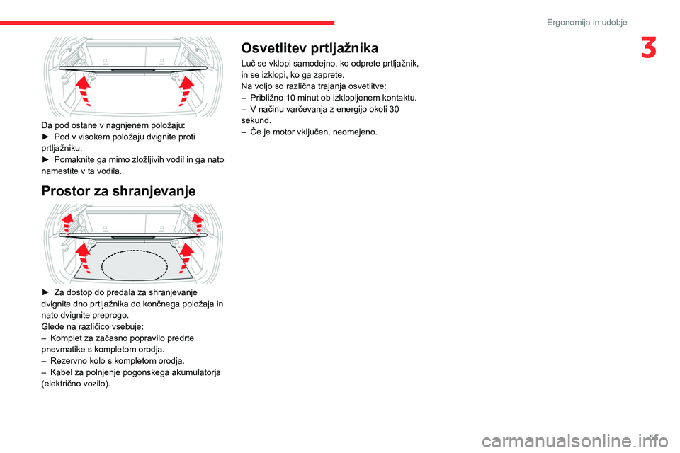 CITROEN C4 2021 Navodila Za Uporabo (in Slovenian) 55
Ergonomija in udobje
3
Da pod ostane v nagnjenem položaju:
► Pod v visokem položaju dvignite proti
prtljažniku.
►
Pomaknite ga mimo zložljivih vodil in ga nato
namestite v ta vodila.
CITROEN C4 2021 Navodila Za Uporabo (in Slovenian) 55
Ergonomija in udobje
3
Da pod ostane v nagnjenem položaju:
► Pod v visokem položaju dvignite proti
prtljažniku.
►
Pomaknite ga mimo zložljivih vodil in ga nato
namestite v ta vodila.