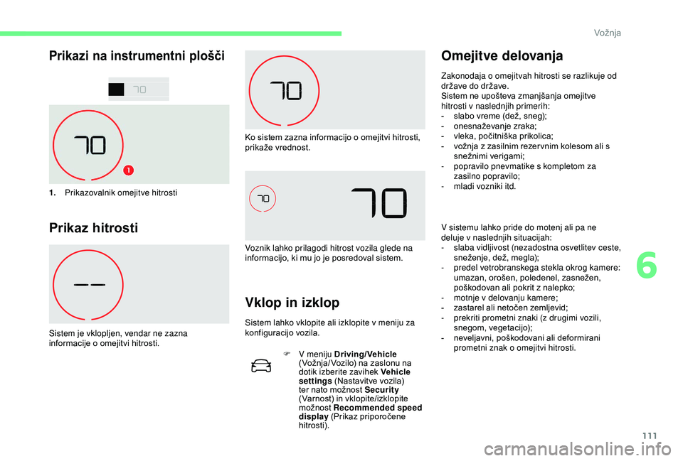 CITROEN C4 CACTUS 2019 Navodila Za Uporabo (in Slovenian) 111
Prikazi na instrumentni plošči
1.Prikazovalnik omejitve hitrosti
Prikaz hitrosti
Sistem je vklopljen, vendar ne zazna
informacije o omejitvi hitrosti. Ko sistem zazna informacijo o omejitvi hit CITROEN C4 CACTUS 2019 Navodila Za Uporabo (in Slovenian) 111
Prikazi na instrumentni plošči
1.Prikazovalnik omejitve hitrosti
Prikaz hitrosti
Sistem je vklopljen, vendar ne zazna
informacije o omejitvi hitrosti. Ko sistem zazna informacijo o omejitvi hit