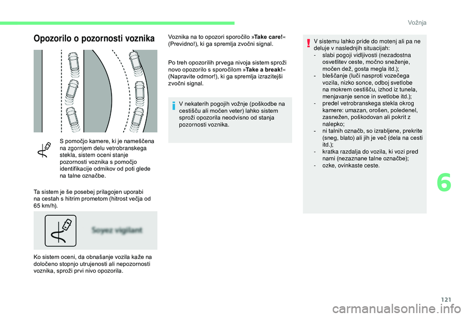 CITROEN C4 CACTUS 2019 Navodila Za Uporabo (in Slovenian) 121
Opozorilo o pozornosti voznika
S pomočjo kamere, ki je nameščena
na zgornjem delu vetrobranskega
stekla, sistem oceni stanje
pozornosti voznika s pomočjo
identifikacije odmikov od poti gle CITROEN C4 CACTUS 2019 Navodila Za Uporabo (in Slovenian) 121
Opozorilo o pozornosti voznika
S pomočjo kamere, ki je nameščena
na zgornjem delu vetrobranskega
stekla, sistem oceni stanje
pozornosti voznika s pomočjo
identifikacije odmikov od poti gle