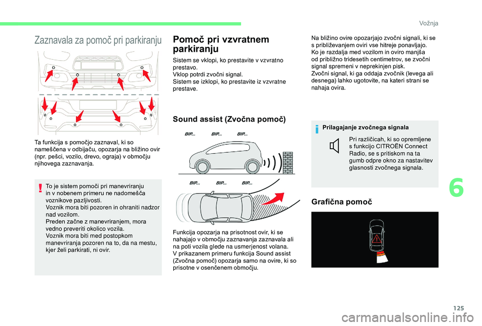 CITROEN C4 CACTUS 2019 Navodila Za Uporabo (in Slovenian) 125
Zaznavala za pomoč pri parkiranju
To je sistem pomoči pri manevriranju
in v nobenem primeru ne nadomešča
voznikove pazljivosti.
Voznik mora biti pozoren in ohraniti nadzor
nad vozilom.
Pred CITROEN C4 CACTUS 2019 Navodila Za Uporabo (in Slovenian) 125
Zaznavala za pomoč pri parkiranju
To je sistem pomoči pri manevriranju
in v nobenem primeru ne nadomešča
voznikove pazljivosti.
Voznik mora biti pozoren in ohraniti nadzor
nad vozilom.
Pred