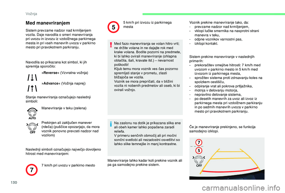 CITROEN C4 CACTUS 2019 Navodila Za Uporabo (in Slovenian) 130
7
5
Med manevriranjem
Sistem prevzame nadzor nad krmiljenjem
vozila. Daje navodila o smeri manevriranja
pri uvozu in izvozu iz vzdolžnega parkirnega
mesta in pri vseh manevrih uvoza v parkirno CITROEN C4 CACTUS 2019 Navodila Za Uporabo (in Slovenian) 130
7
5
Med manevriranjem
Sistem prevzame nadzor nad krmiljenjem
vozila. Daje navodila o smeri manevriranja
pri uvozu in izvozu iz vzdolžnega parkirnega
mesta in pri vseh manevrih uvoza v parkirno