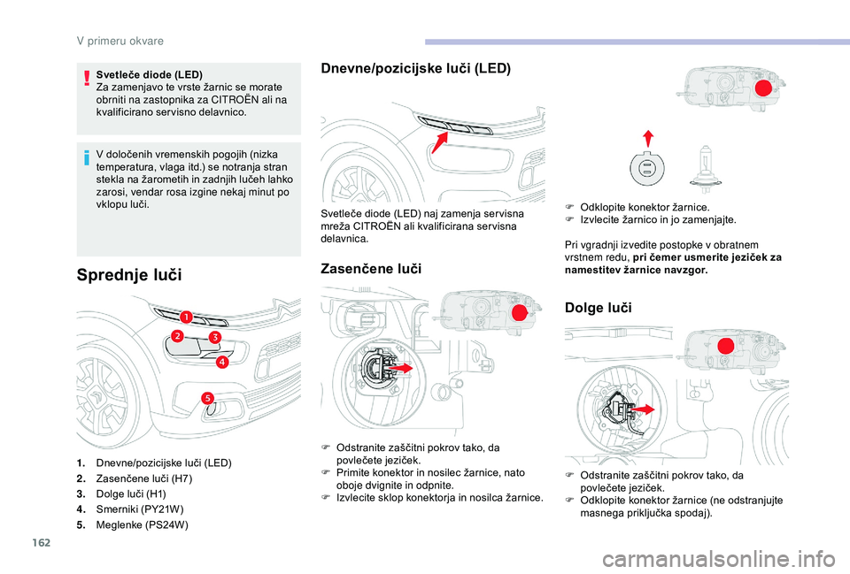 CITROEN C4 CACTUS 2019 Navodila Za Uporabo (in Slovenian) 162
Svetleče diode (LED)
Za zamenjavo te vrste žarnic se morate
obrniti na zastopnika za CITROËN ali na
kvalificirano servisno delavnico.
V določenih vremenskih pogojih (nizka
temperatura, vlag CITROEN C4 CACTUS 2019 Navodila Za Uporabo (in Slovenian) 162
Svetleče diode (LED)
Za zamenjavo te vrste žarnic se morate
obrniti na zastopnika za CITROËN ali na
kvalificirano servisno delavnico.
V določenih vremenskih pogojih (nizka
temperatura, vlag